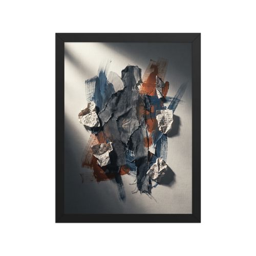 Tactile mixed media collage with torn denim and handwritten letters forming a silhouette, ideal for Office decor. 'Fragments of Memory Silhouette', a Assemblage print for the wall.