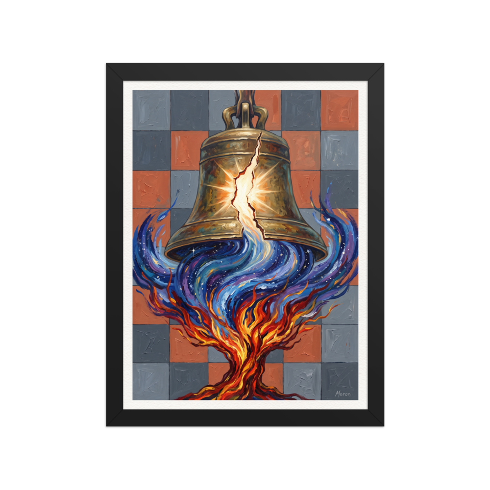 A powerful symbolic art print featuring a cracked bronze bell pouring cosmic starlight into flames against a checkered wall for an office or study. A Symbolism art print titled 'Resonance of the Fractured Bell'.