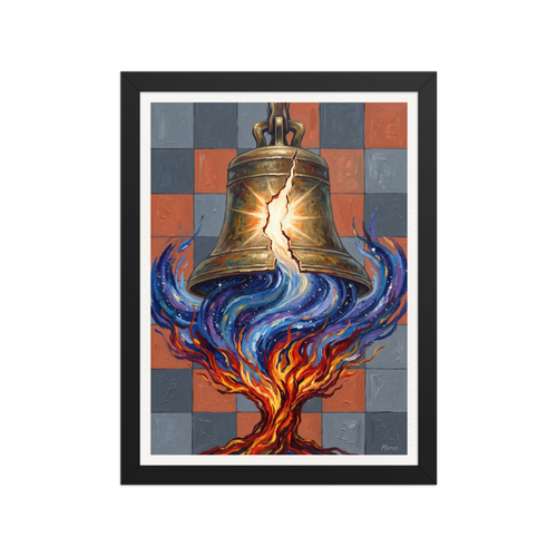 A powerful symbolic art print featuring a cracked bronze bell pouring cosmic starlight into flames against a checkered wall for an office or study. A Symbolism art print titled 'Resonance of the Fractured Bell'.