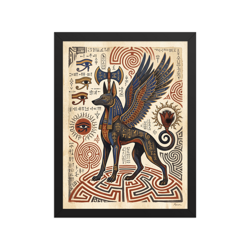 'Guardian of the Labyrinth', part of Meron's Symbolism wall art. An Egyptian mythological art print featuring a winged jackal guardian with Eye of Horus symbols on papyrus parchment for a library or office.