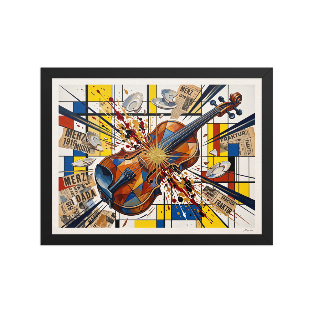 'Merz Violinkonzert', Dada wall art in yellow and gold. Avant-garde Dada collage print showing an exploding violin with golden paint splatters over a Mondrian grid, ideal for an office wall.