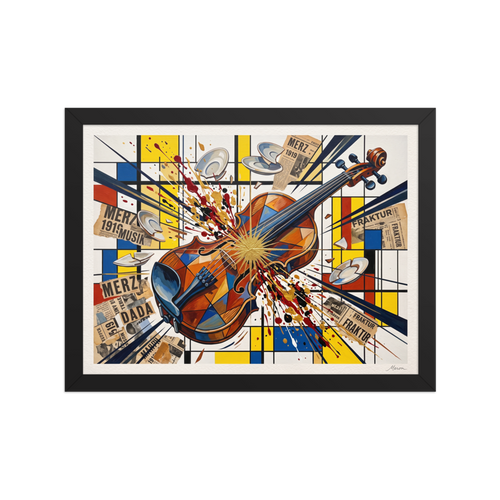 'Merz Violinkonzert', Dada wall art in yellow and gold. Avant-garde Dada collage print showing an exploding violin with golden paint splatters over a Mondrian grid, ideal for an office wall.