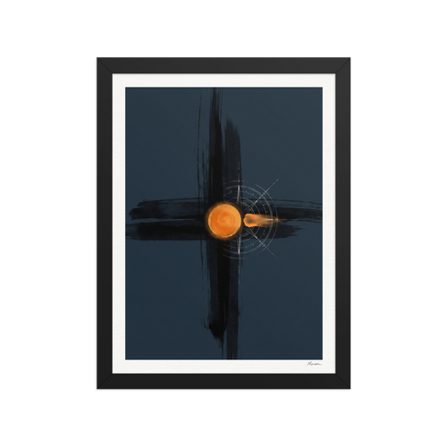 'Celestial Navigation', Abstract art wall art in midnight blue and orange. A glowing orange celestial orb with fine white compass rose markings centered on dark cross brushstrokes in an office wall art composition.