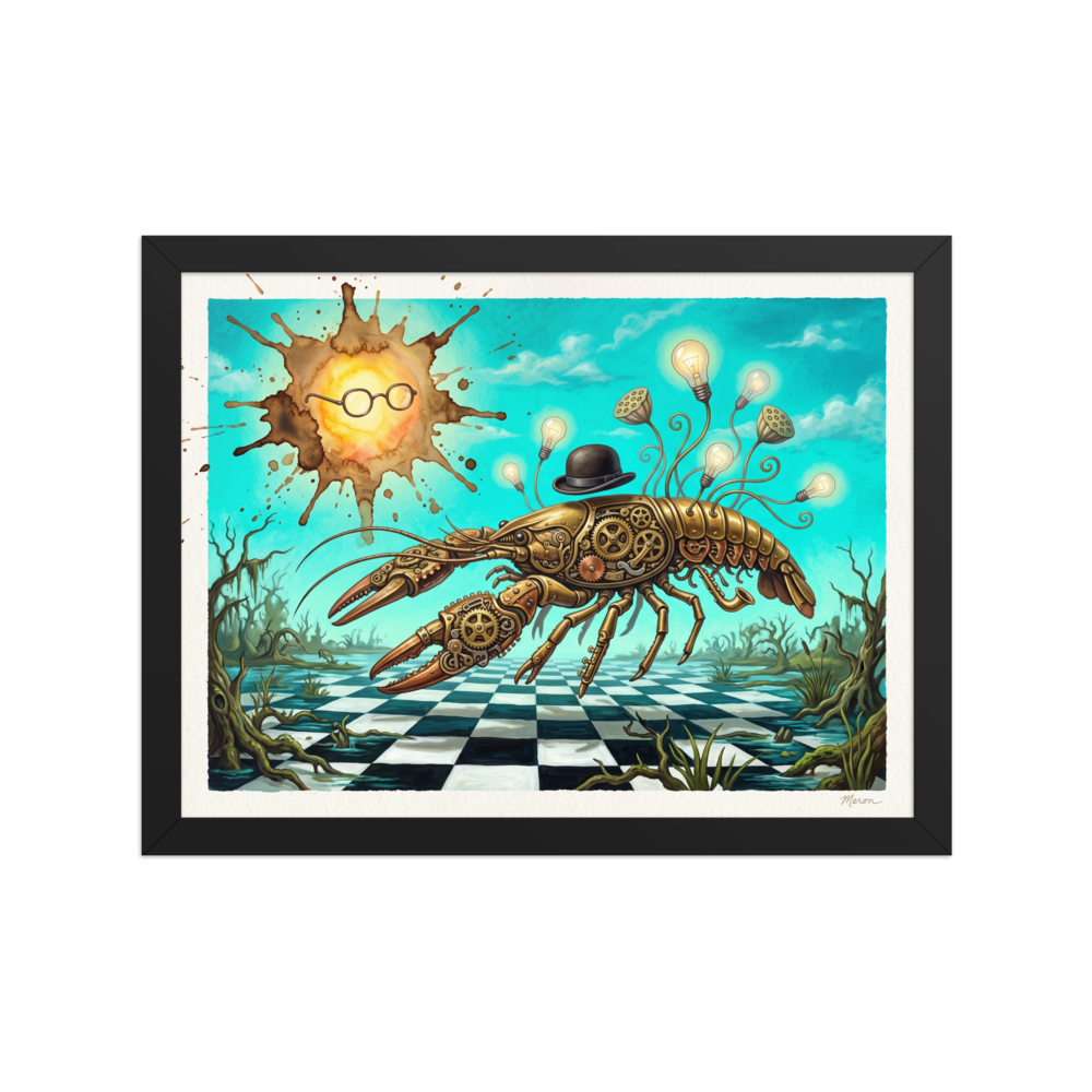 Steampunk mechanical lobster painting with lightbulb tendrils displayed in a man cave. Available as the Surrealism art print 'The Clockwork Lobster'.