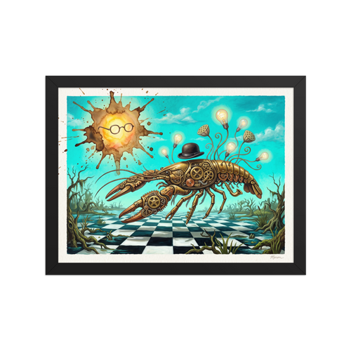 Steampunk mechanical lobster painting with lightbulb tendrils displayed in a man cave. Available as the Surrealism art print 'The Clockwork Lobster'.