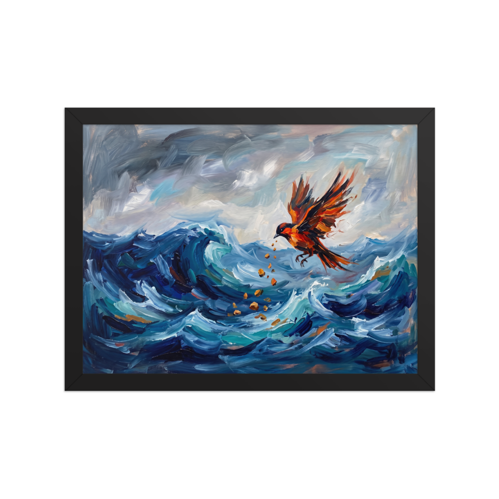 An expressionist oil painting of a bright orange bird dropping small stones into a dramatic, stormy blue ocean, ideal for an inspiring home office. A Expressionism art print titled 'Jingwei Fills the Sea'.