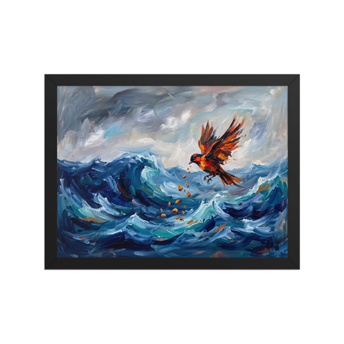 An expressionist oil painting of a bright orange bird dropping small stones into a dramatic, stormy blue ocean, ideal for an inspiring home office. A Expressionism art print titled 'Jingwei Fills the Sea'.