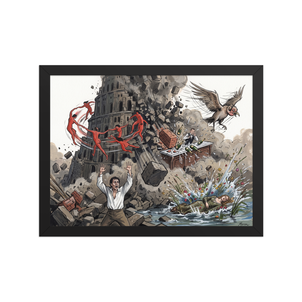 A chaotic pop art illustration of the Tower of Babel collapsing as Matisse's red dancers swirl overhead and Goya's figure reacts below, perfect for a living room. Available as the Pop art art print 'Collapse of Babel'.