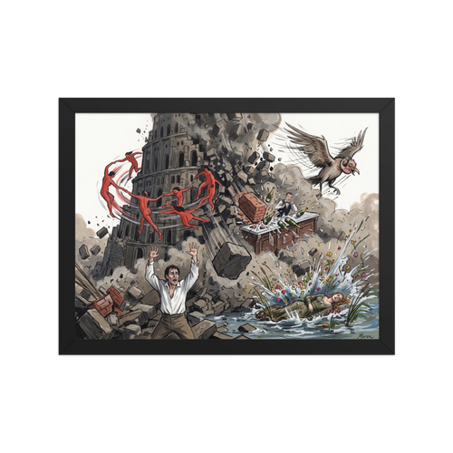 A chaotic pop art illustration of the Tower of Babel collapsing as Matisse's red dancers swirl overhead and Goya's figure reacts below, perfect for a living room. Available as the Pop art art print 'Collapse of Babel'.