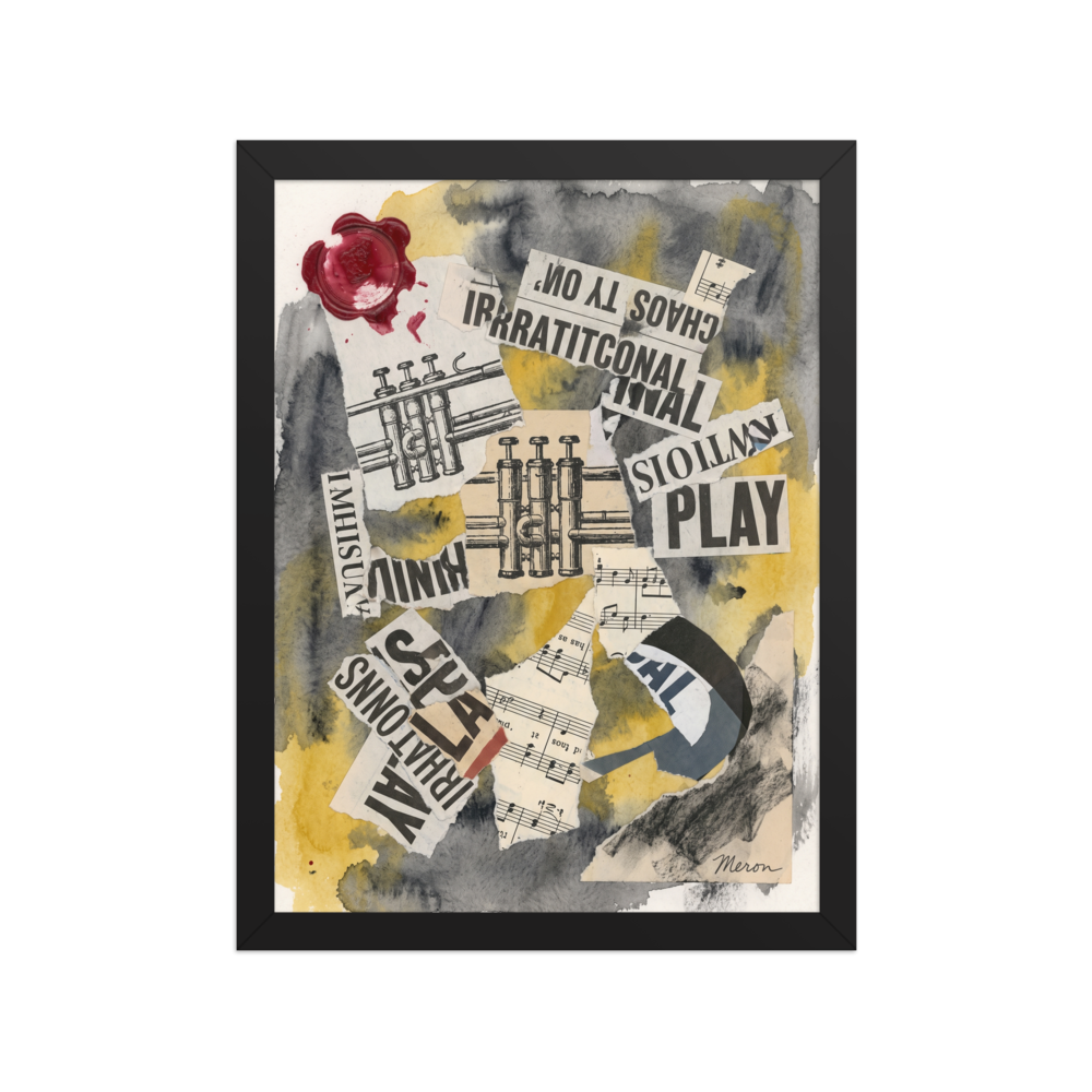 Dada wall art exploring music, 'Irrational Cadence'. Dadaist paper collage featuring vintage trumpet schematics, sheet music, bold newsprint text, and a red wax seal in a music studio.