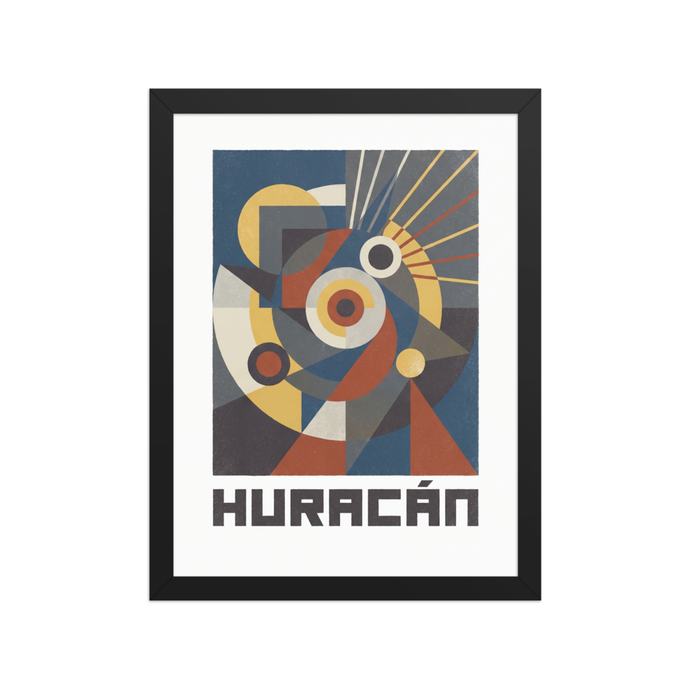 Wall art print 'Huracán Geometric Poster' in a Bauhaus style. A geometric Bauhaus poster featuring abstract shapes and the word HURACÁN in an Office wall art setting.