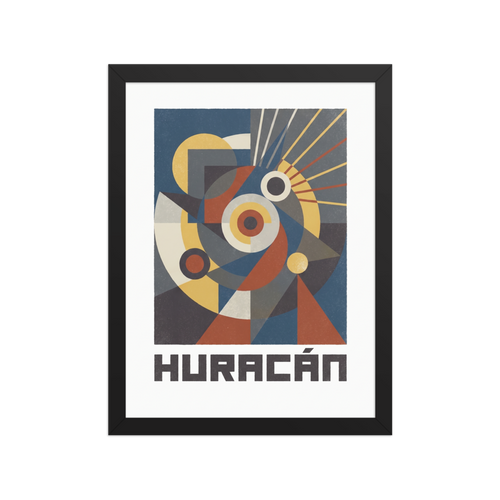 Wall art print 'Huracán Geometric Poster' in a Bauhaus style. A geometric Bauhaus poster featuring abstract shapes and the word HURACÁN in an Office wall art setting.