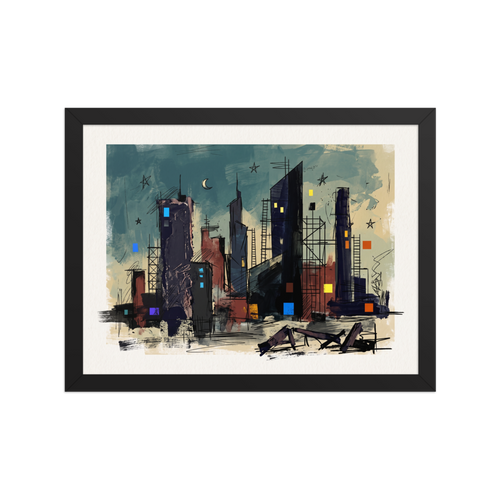 A dreamy Dau-al-Set print, 'City of the Crescent'. An expressive nocturnal cityscape with dark skyscraper silhouettes, glowing geometric windows, and a crescent moon against a teal sky, ideal for adding urban intrigue to an office or living room.