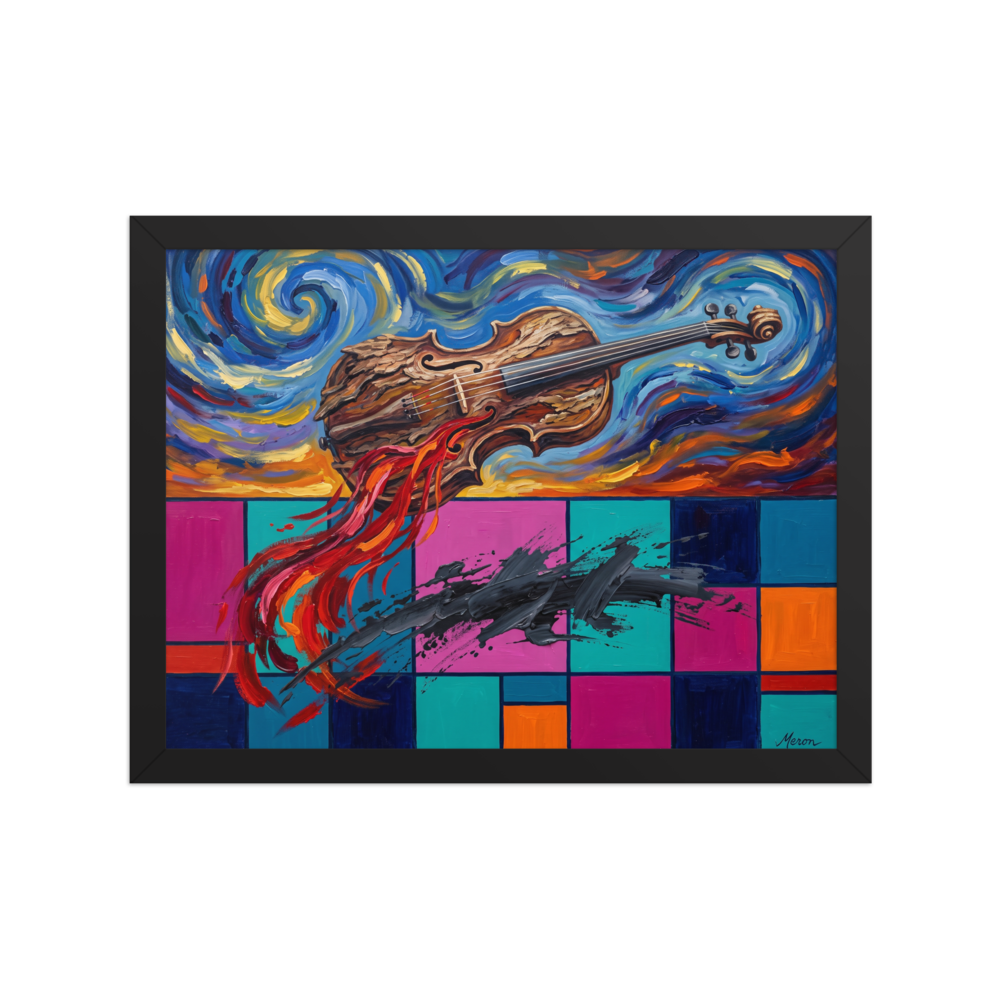 'Symphony of Two Realms', Post-Impressionism wall art in blue and magenta. Expressive musical art print featuring a floating wooden violin with swirling starry sky and modern color-blocked grid for a living room wall.
