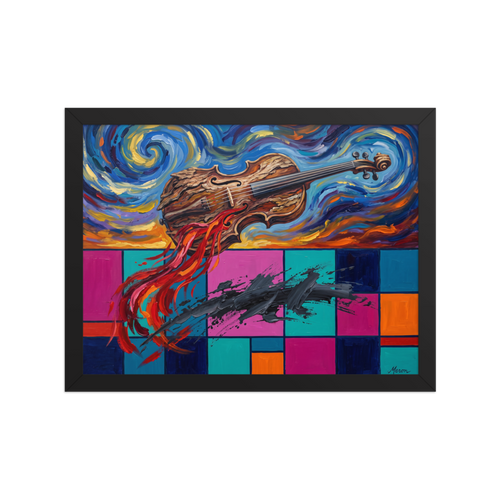 'Symphony of Two Realms', Post-Impressionism wall art in blue and magenta. Expressive musical art print featuring a floating wooden violin with swirling starry sky and modern color-blocked grid for a living room wall.