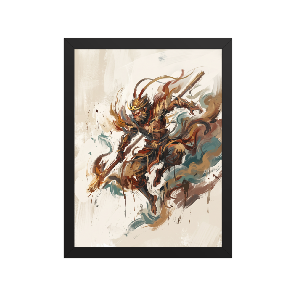 Expressive painterly print of Sun Wukong the Monkey King in dynamic action, ideal for a living room wall. Available as the Expressionism art print 'Sun Wukong Unleashed'.