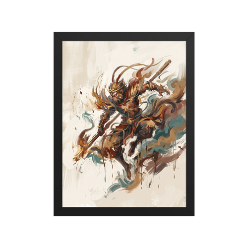 Expressive painterly print of Sun Wukong the Monkey King in dynamic action, ideal for a living room wall. Available as the Expressionism art print 'Sun Wukong Unleashed'.