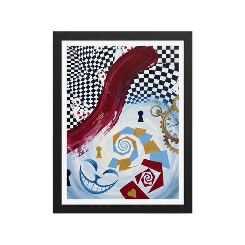 Surreal painting featuring playing cards, a pocket watch, and a Cheshire cat grin ideal for a game room. A mystical / mysterious piece titled 'Through the Looking Glass'.
