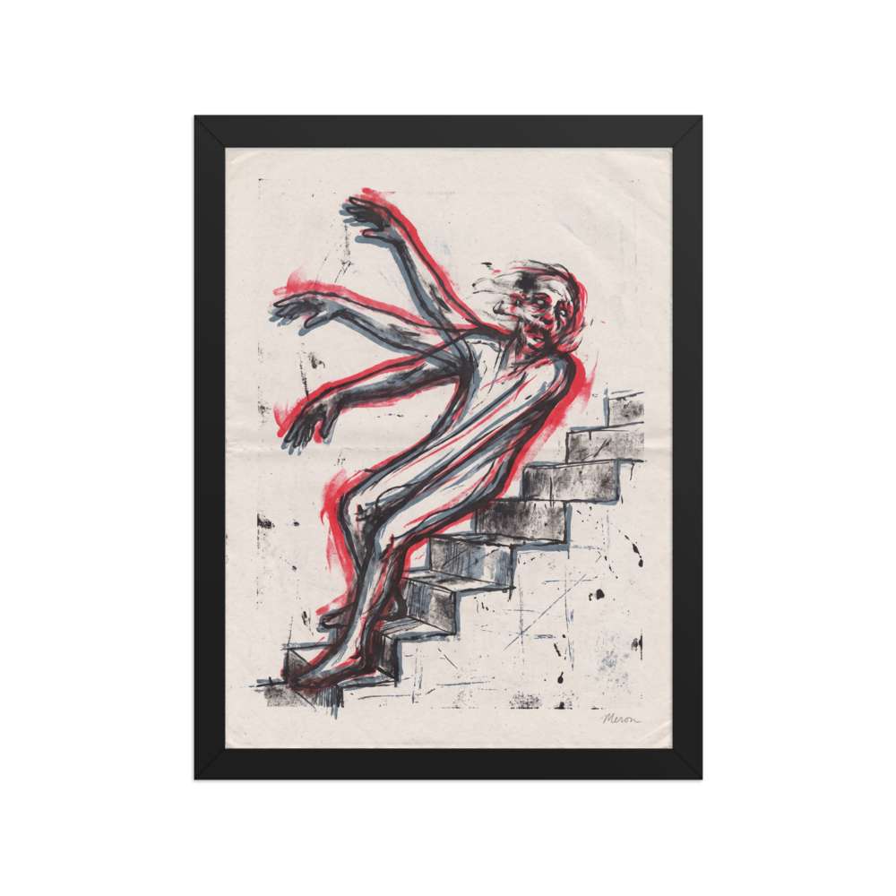 A tense / anxiety scene in black and red, 'Descent in Motion'. Expressionist art print of a figure tumbling down stairs with red motion blur outlines, ideal for hallway wall art.