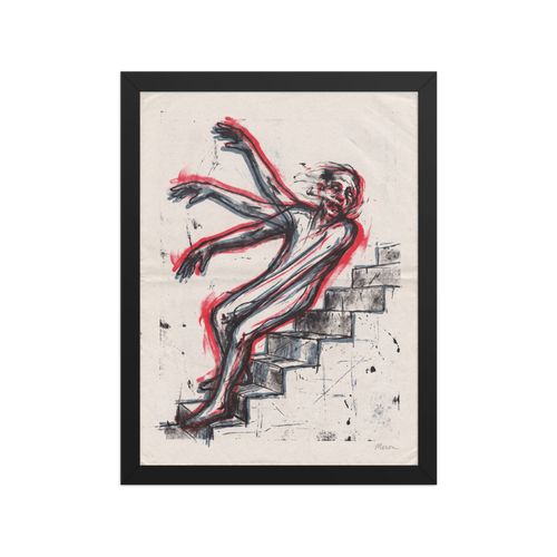 A tense / anxiety scene in black and red, 'Descent in Motion'. Expressionist art print of a figure tumbling down stairs with red motion blur outlines, ideal for hallway wall art.