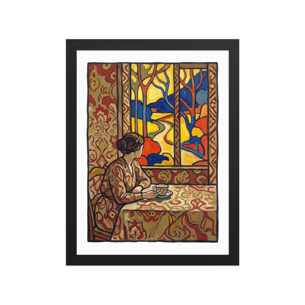The Les Nabis print 'Morning Window'. A warm interior painting of a woman sitting at a table with a cup of tea looking out a bright window framed by decorative wallpaper, creating a cozy focal point for a dining room or kitchen.
