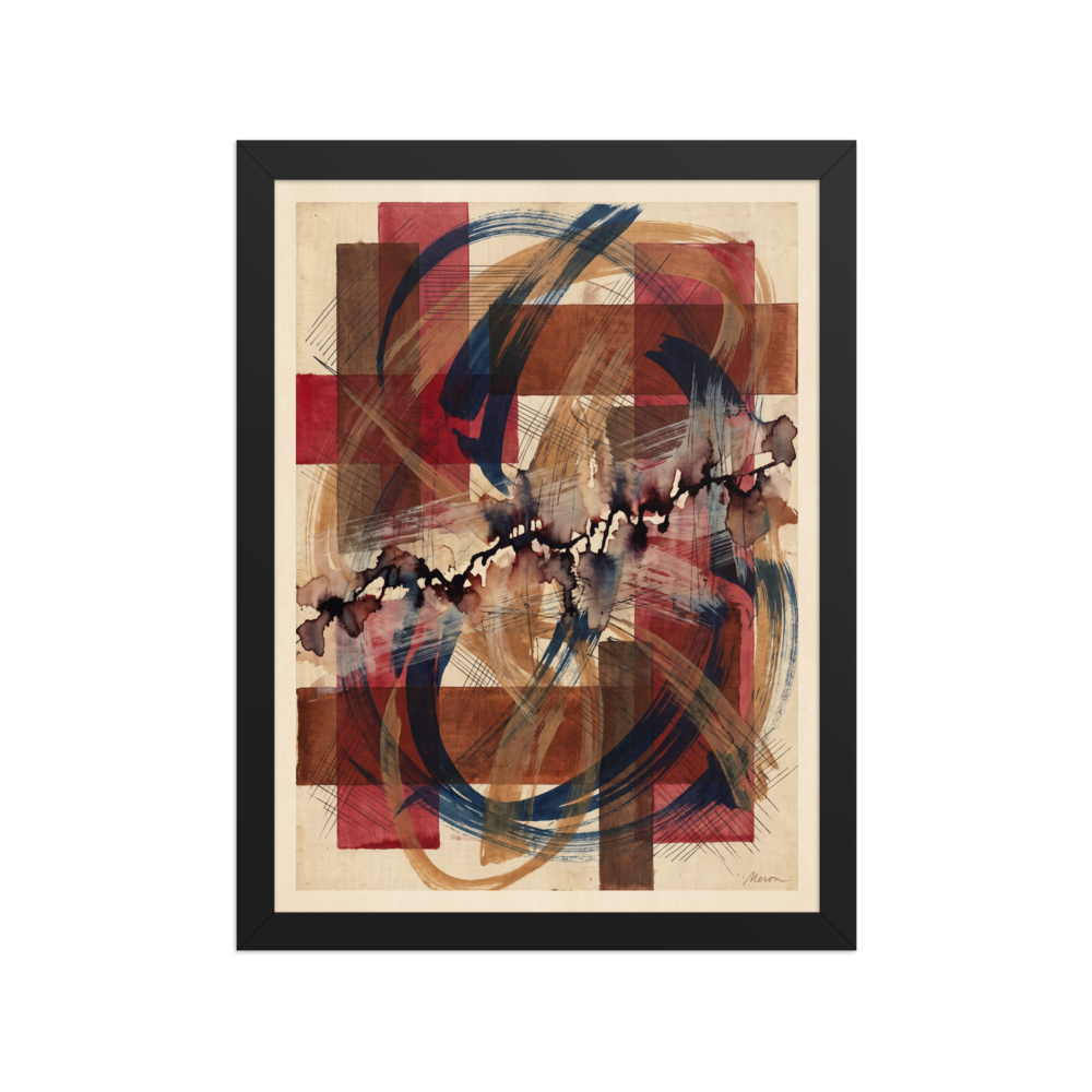 An intricate abstract art print with crimson grid blocks, navy brush strokes, and cross-hatching linework styled on a studio wall. A Geometric abstract art print in crimson and navy, 'Crimson Lattice'.