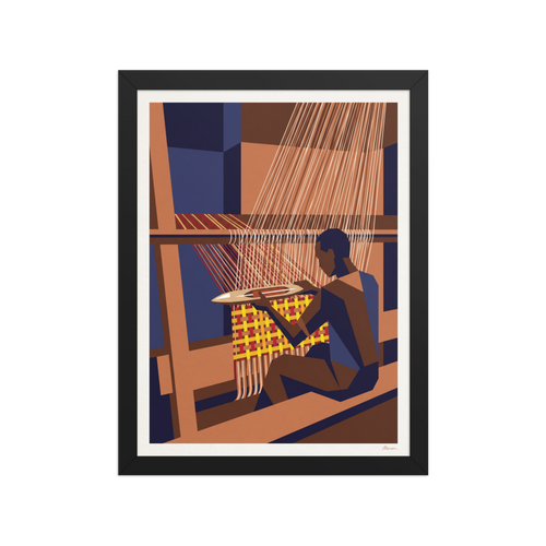 A calmness Modernism print, 'The Kente Weaver'. Artisan sitting at a wooden loom guiding a shuttle through weaving threads, perfect for a studio.