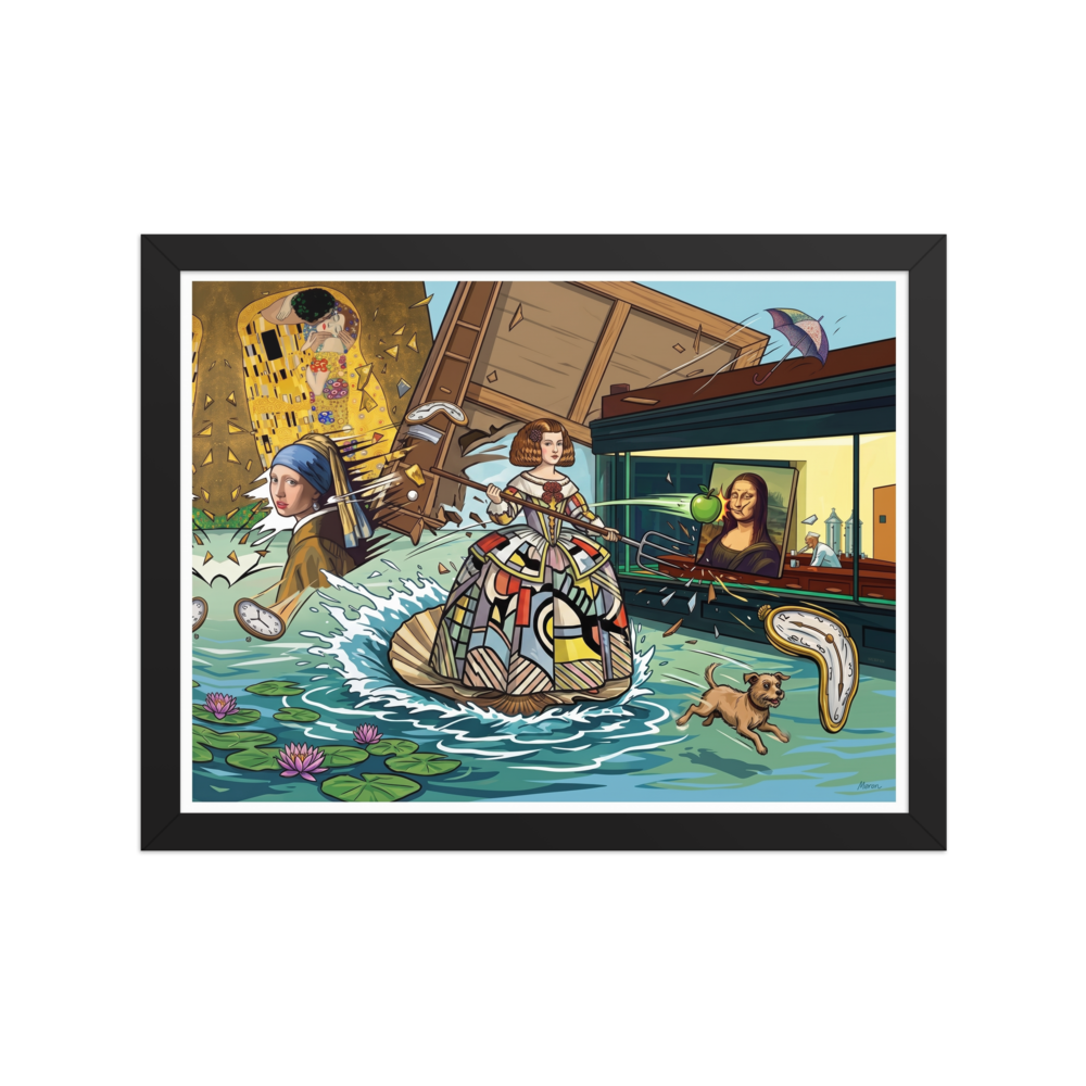 'Art History Collision'. A playful pop art illustration featuring iconic masterpieces like the Mona Lisa, Girl with a Pearl Earring, and Klimt's The Kiss colliding in a flooded diner landscape, perfect for a game room. Offered as a Pop art print.