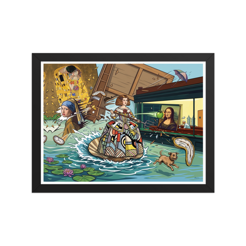 'Art History Collision'. A playful pop art illustration featuring iconic masterpieces like the Mona Lisa, Girl with a Pearl Earring, and Klimt's The Kiss colliding in a flooded diner landscape, perfect for a game room. Offered as a Pop art print.