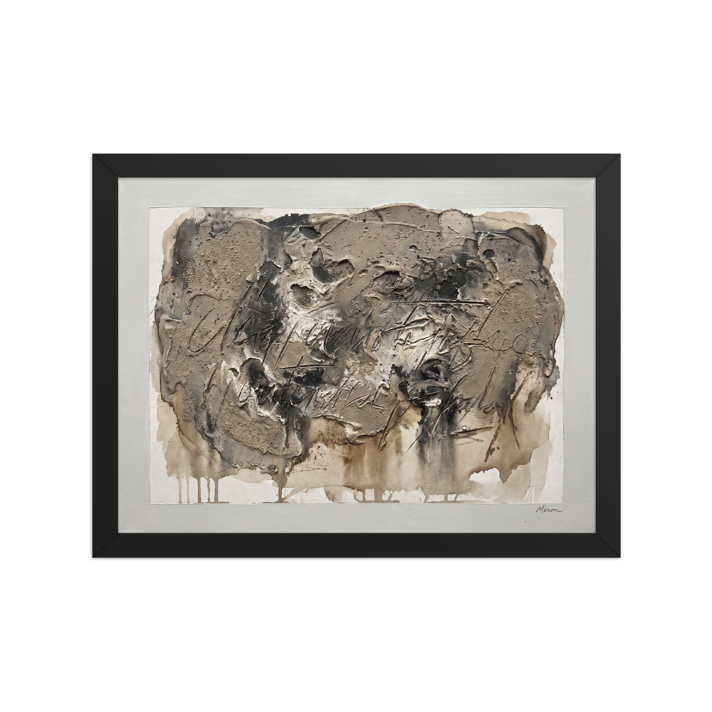 'Earth and Sgraffito' by Meron. A heavily textured neutral clay relief canvas with sgraffito calligraphic marks in a living room wall art print. A Arte Povera wall art print.