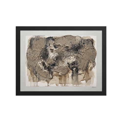 'Earth and Sgraffito' by Meron. A heavily textured neutral clay relief canvas with sgraffito calligraphic marks in a living room wall art print. A Arte Povera wall art print.