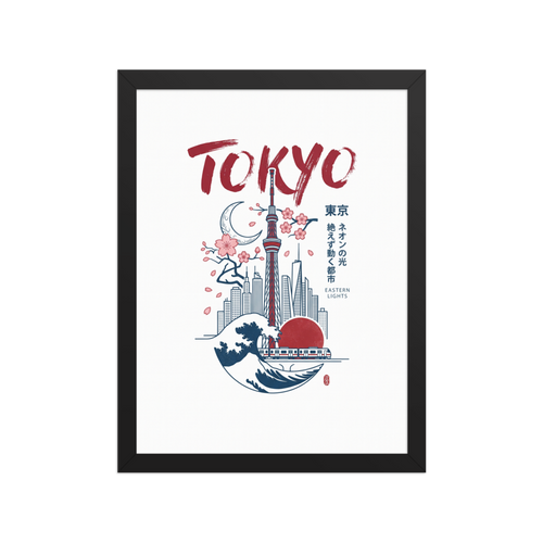 Shin hanga wall art for the living room, 'Tokyo Horizons'. An illustration of Tokyo combining skyscrapers, the Great Wave, a train, and cherry blossoms under bold red brush lettering, perfect for living room wall art.