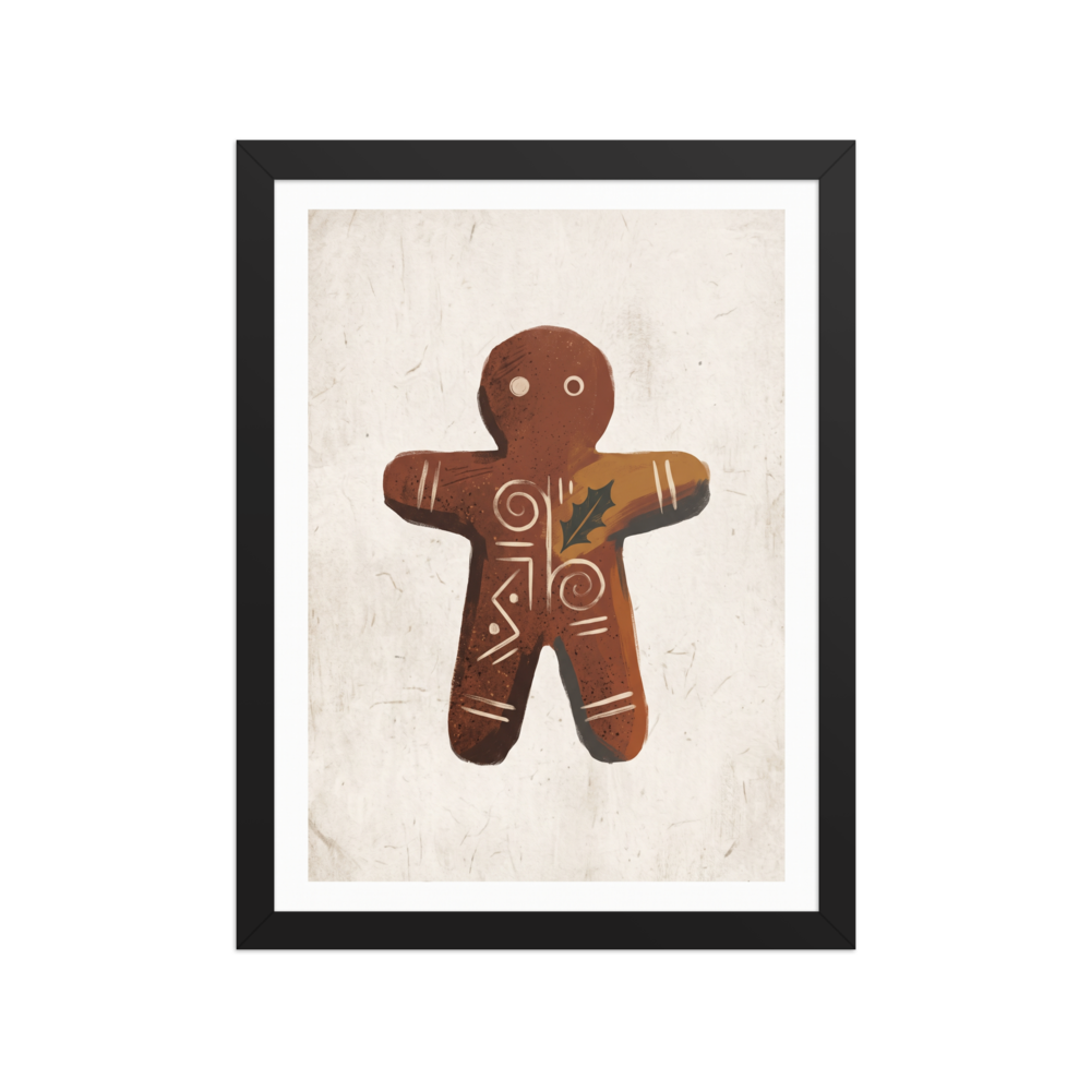 Folk art wall art exploring mythology, 'Gingerbread Rune'. A minimalist folk illustration of a gingerbread figure with holly leaves on parchment paper for kitchen wall art.