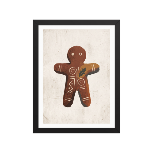 Folk art wall art exploring mythology, 'Gingerbread Rune'. A minimalist folk illustration of a gingerbread figure with holly leaves on parchment paper for kitchen wall art.