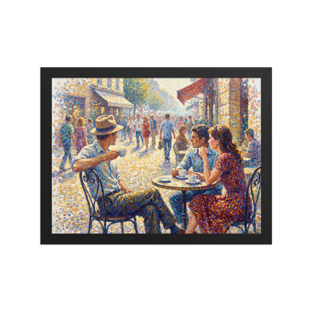 'Midday at the Bistro', Pointillism wall art in gold and blue. A Pointillist painting of figures seated at a sunny outdoor bistro cafe with dappled light in a Dining Room.