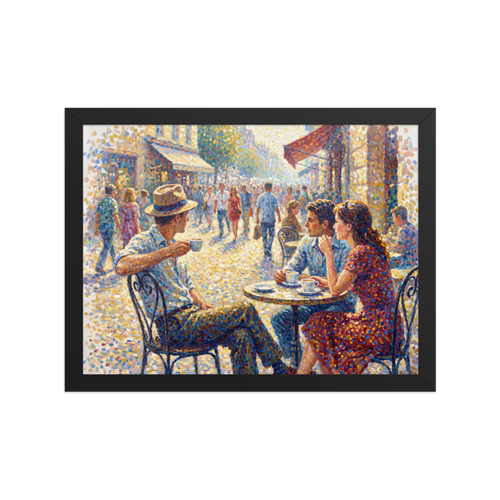 'Midday at the Bistro', Pointillism wall art in gold and blue. A Pointillist painting of figures seated at a sunny outdoor bistro cafe with dappled light in a Dining Room.