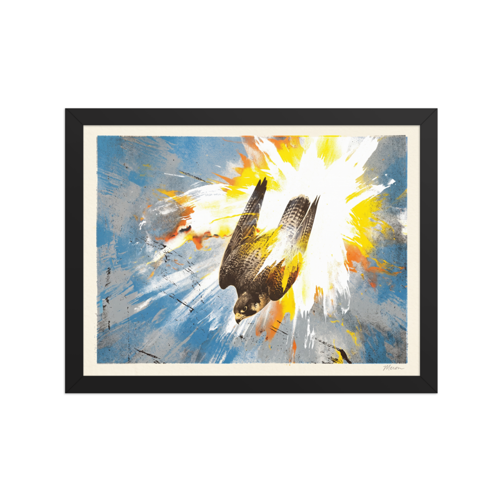'Terminal Stoop' by Meron. A dramatic print of a falcon diving headfirst with explosive yellow and white paint splashes, perfect as office wall art. A Pop art wall art print.