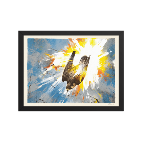 'Terminal Stoop' by Meron. A dramatic print of a falcon diving headfirst with explosive yellow and white paint splashes, perfect as office wall art. A Pop art wall art print.