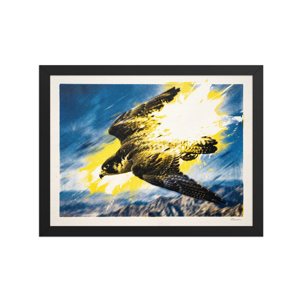 A wonder / awe Pop art print, 'Velocity'. A dynamic print of a falcon swooping through the sky with yellow paint splatters, perfect as office wall art.
