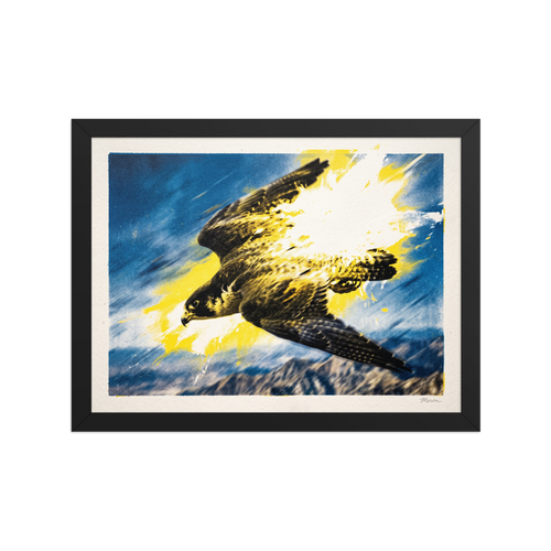 A wonder / awe Pop art print, 'Velocity'. A dynamic print of a falcon swooping through the sky with yellow paint splatters, perfect as office wall art.