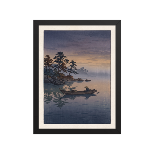 A lone fisherman sits in a wooden boat on a misty calm lake at twilight near pine-lined rocks, creating a tranquil atmosphere for a bedroom. A Shin hanga print with a digital art look, titled 'Fisherman at Twilight'.