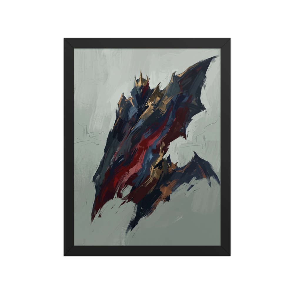 An abstract painting of a crowned, bat-winged figure in dark navy and crimson strokes, perfect for a gothic Office or Man Cave. A Abstract expressionism art print titled 'The Crimson King'.