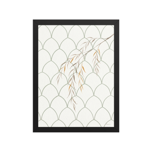 'Willow on Sage Arch' by Meron. Delicate watercolor willow branch layered over a sage green arched grid pattern, ideal for a bathroom. A Geometric abstract art wall art print.