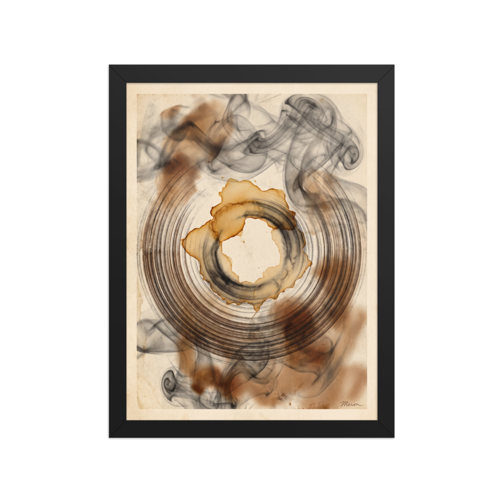 Ethereal smoke wisps and a coffee-stained vinyl ring on aged parchment paper in a cigar lounge speakeasy wall art setting. A Abstract art art print titled 'Echoes in Sepia'.