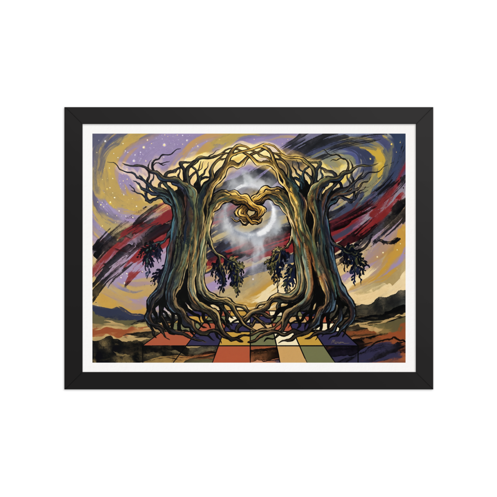 Surreal illustration of two intertwined gnarled trees forming a heart portal under a swirling cosmic sky, ideal for a bedroom. A mystical / mysterious piece titled 'Tree Portal'.