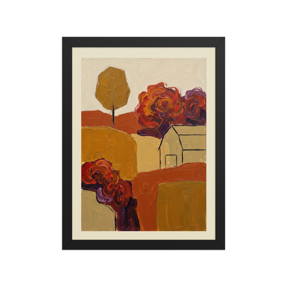 The Abstract expressionism print 'Abstract Autumn Farm'. An abstract expressionist oil painting of an autumn landscape with thick red and purple trees, ochre fields, and a simple line drawing of a barn, perfect for a modern Living Room.