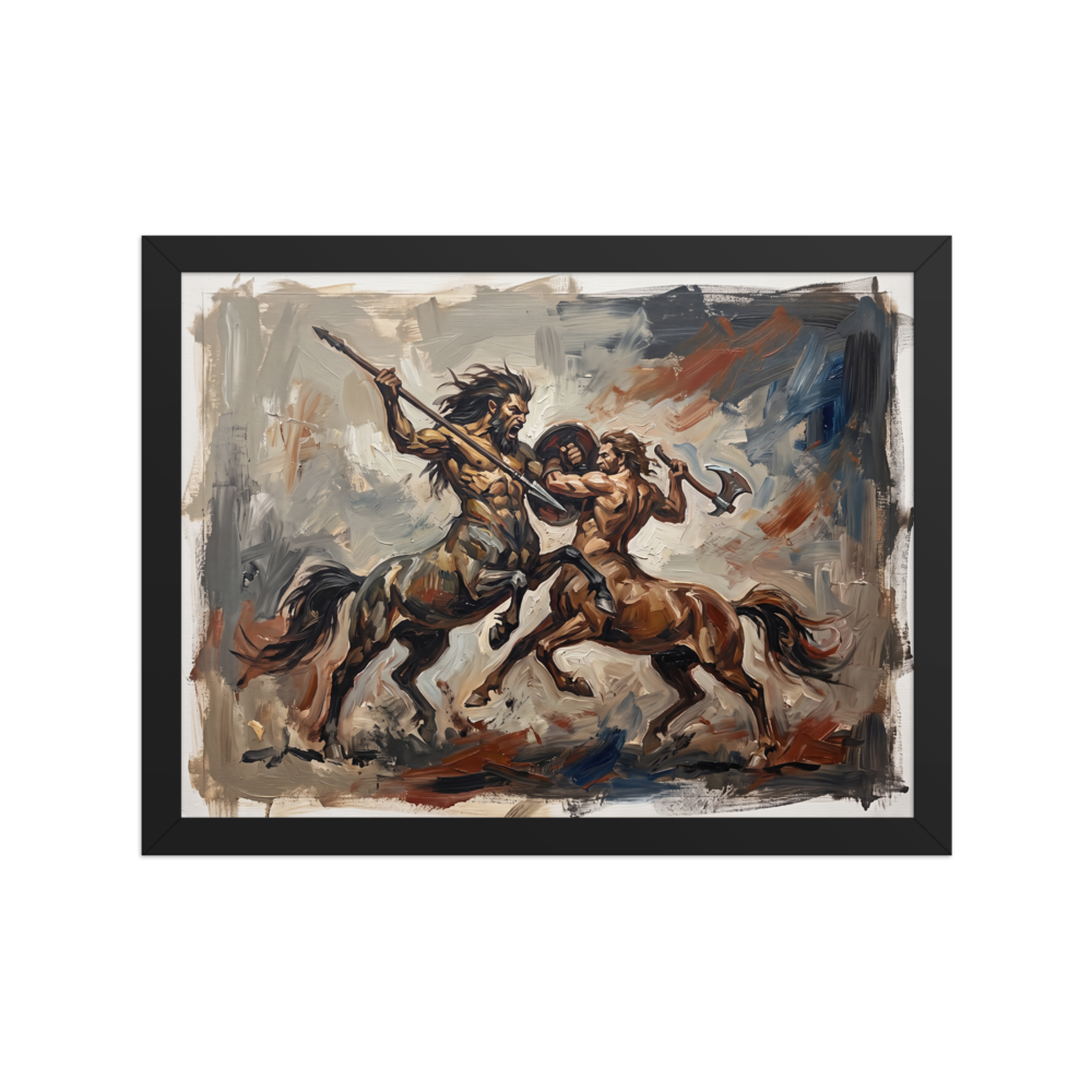 'Clash of the Centaurs'. An expressive oil painting depicting two muscular centaurs locked in a fierce battle with weapons, a strong choice for a Man Cave or Game Room. Offered as a Expressionism print.