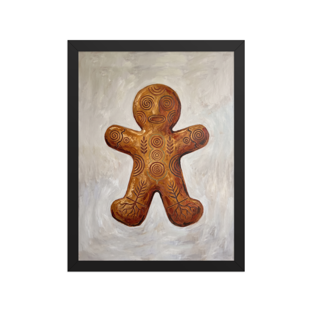 Fine art print 'Ancient Gingerbread Totem' in a Folk art style. An artwork of a gingerbread man carved with ancient spiral patterns in a warm kitchen wall art arrangement.