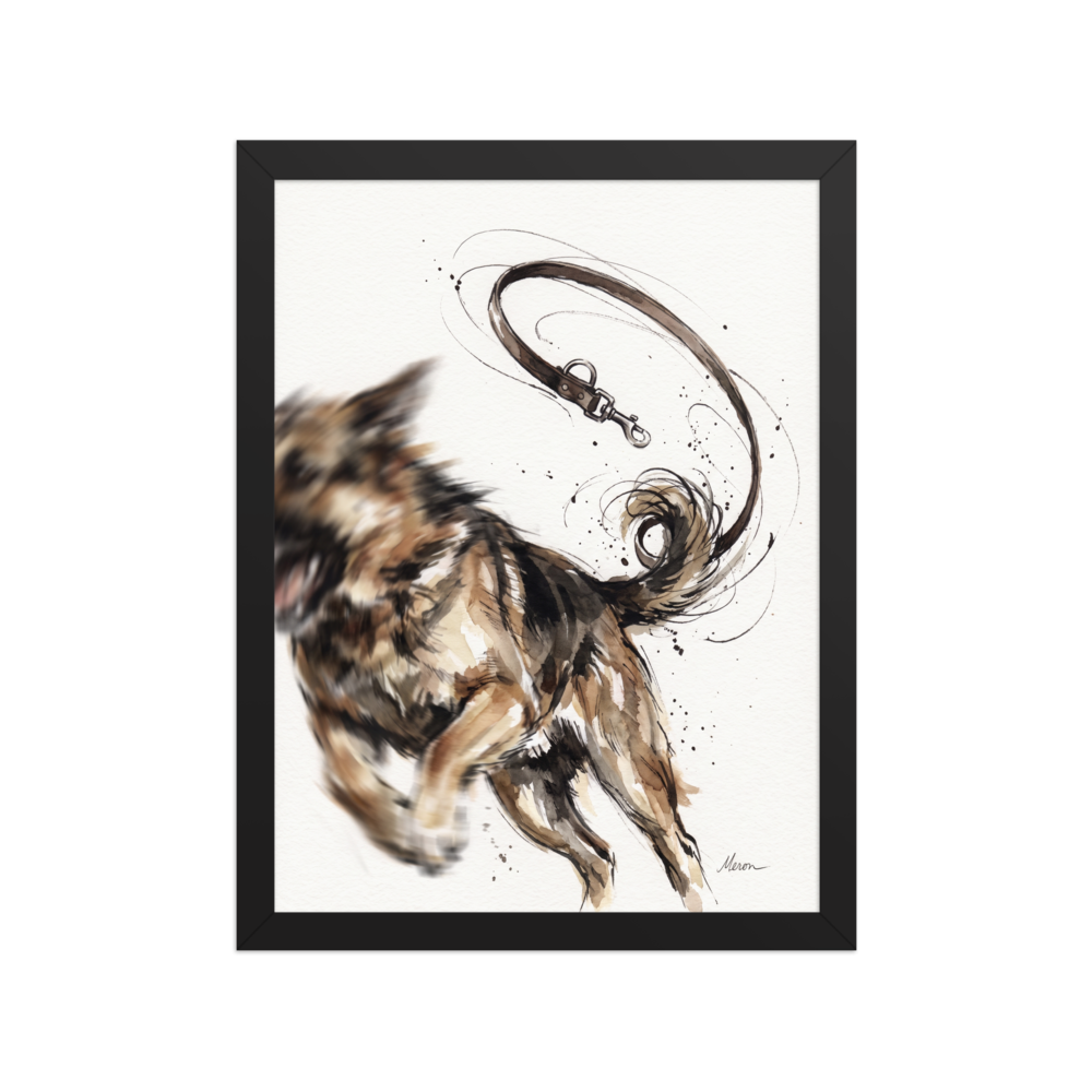 Wall art print 'Unleashed Joy' in a Expressionism style. An expressive watercolor painting of a German Shepherd running free as its leash floats mid-air in a welcoming entryway.
