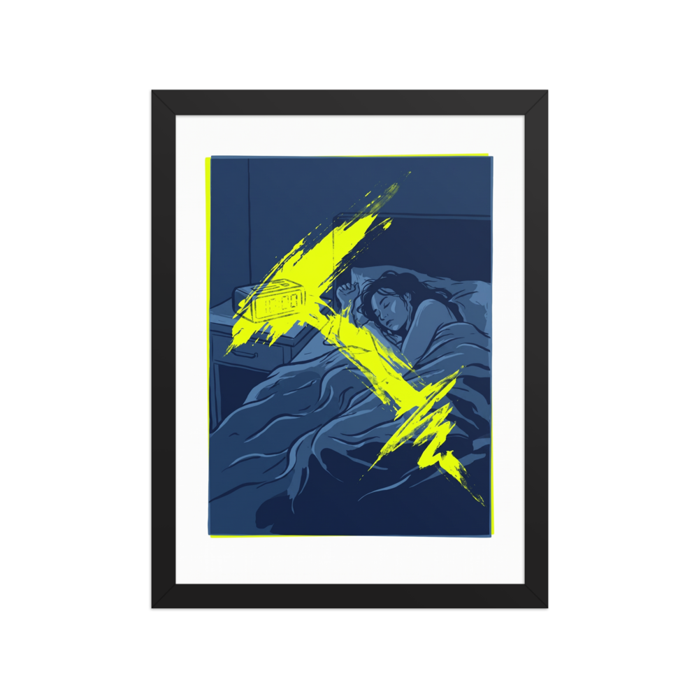The Pop art print 'Jarring Wakefulness'. Graphic blue illustration of a woman asleep in bed pierced by a vivid neon yellow lightning bolt brushstroke from an alarm clock, ideal for bedroom decor.